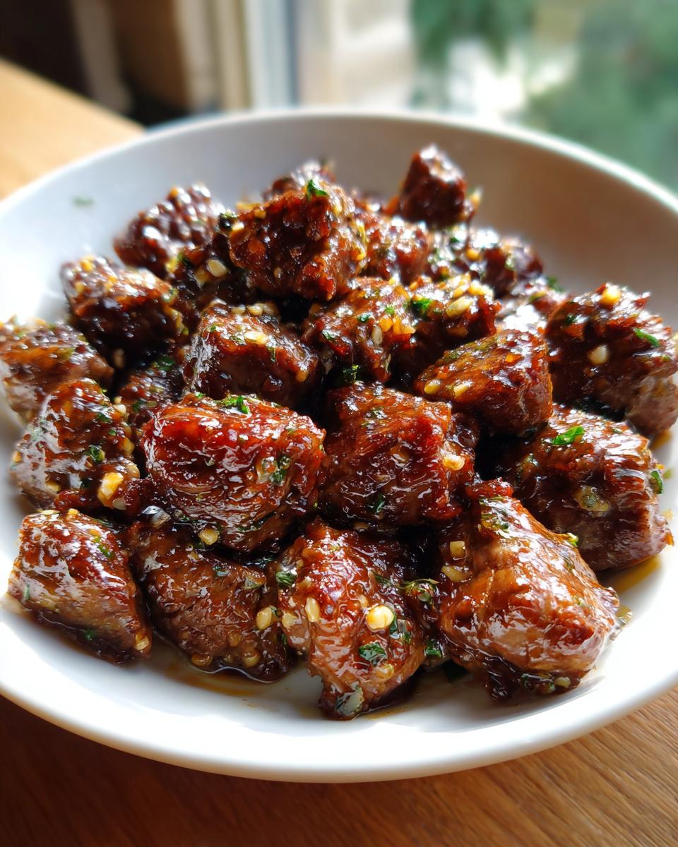 Close-up of tender crockpot steak pieces coated in a glossy, savory brown glaze with visible garlic and herbs.