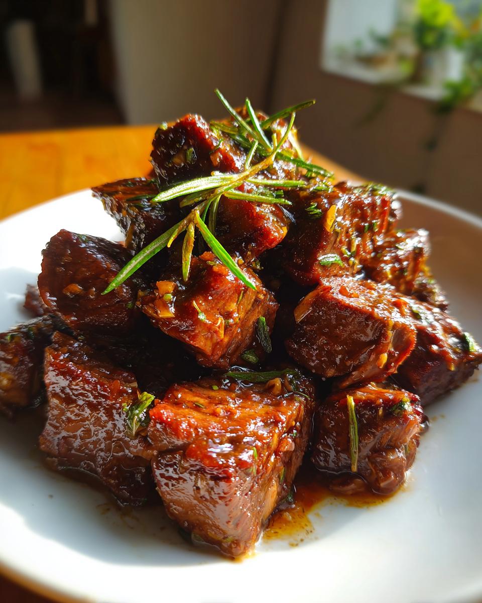 Close-up of tender crockpot steak cut into cubes, glazed in sauce and topped with fresh rosemary sprigs.