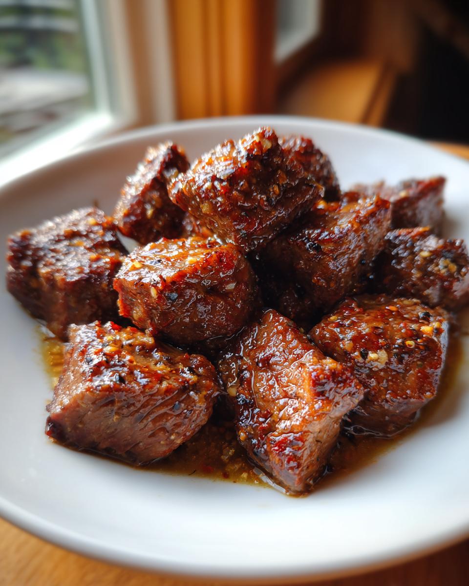 Close-up of tender, richly seasoned cubes of crockpot steak served in a white bowl.