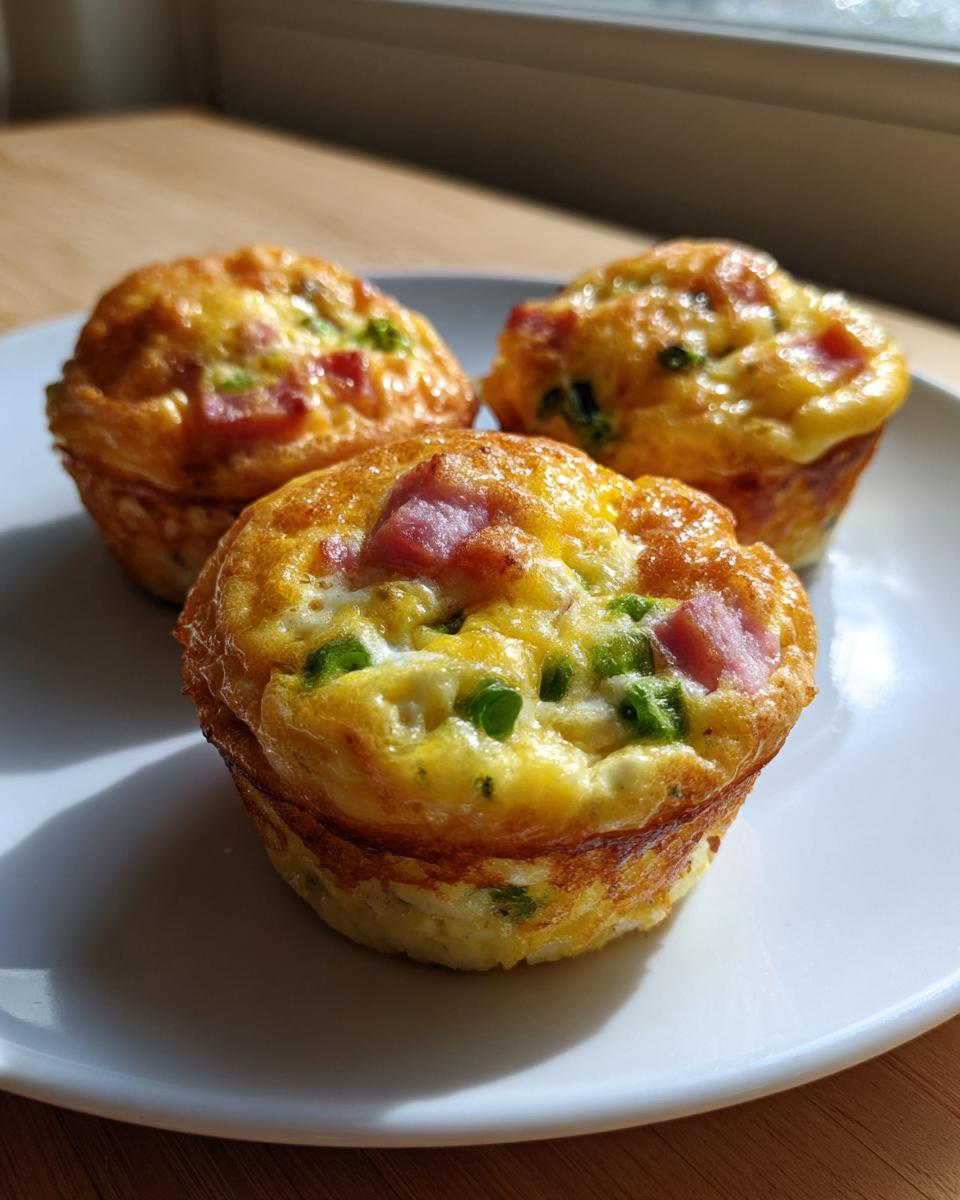 Three perfectly baked Egg Muffin Cups featuring visible pieces of ham and green peppers on a white plate.
