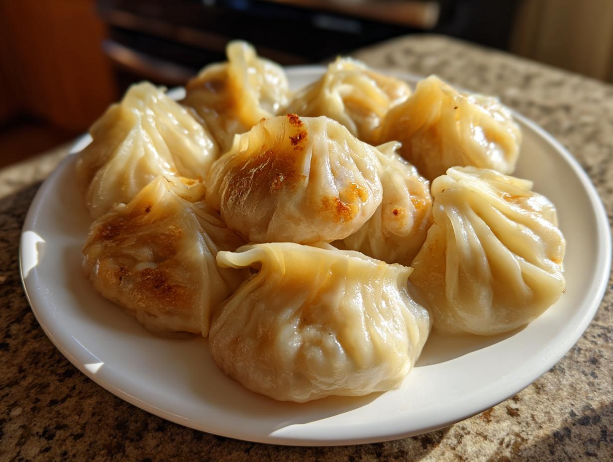 A close-up of several golden-brown, pan-fried Traditional Chinese Dumplings arranged on a white plate.