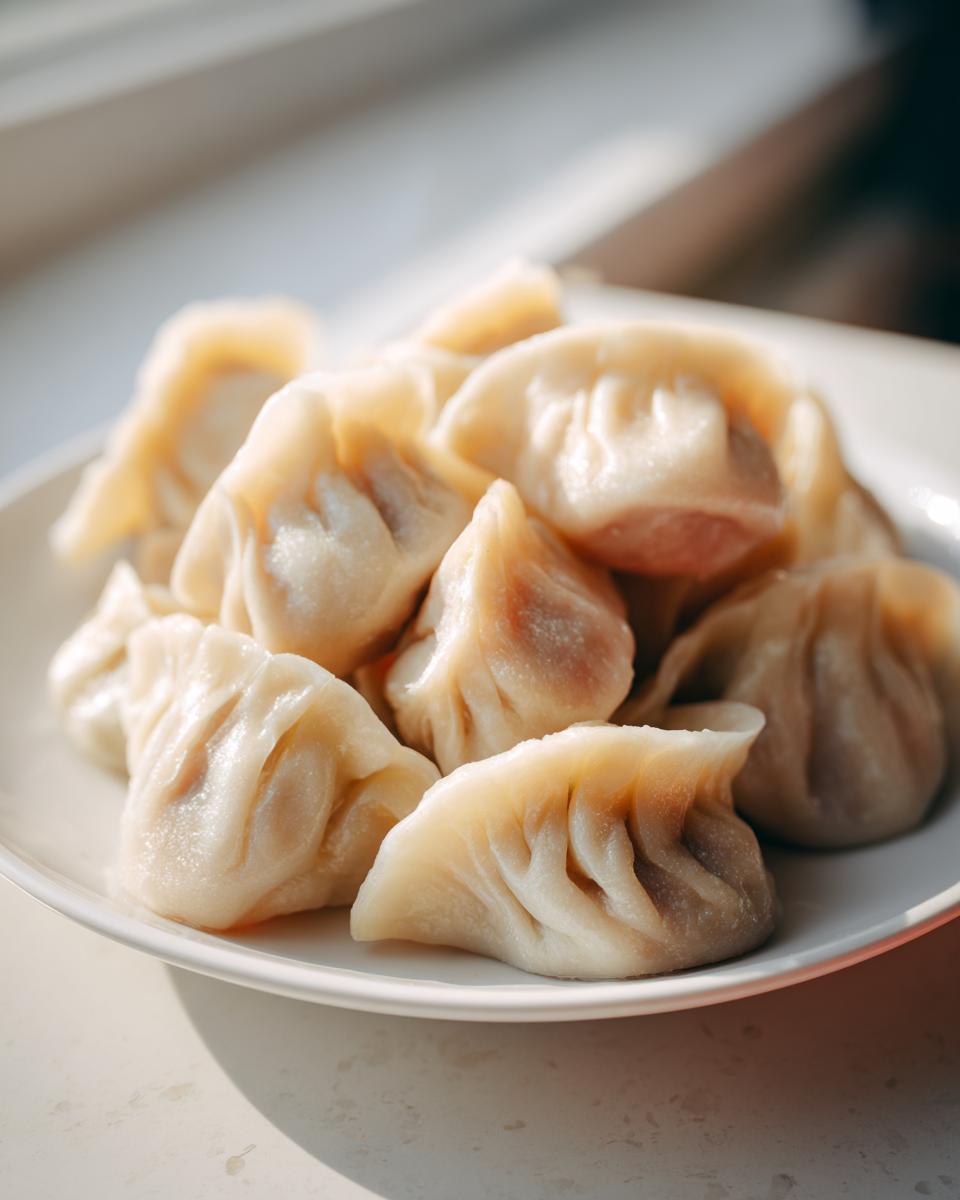 A close-up of freshly steamed Traditional Chinese Dumplings piled on a white plate, catching soft sunlight.
