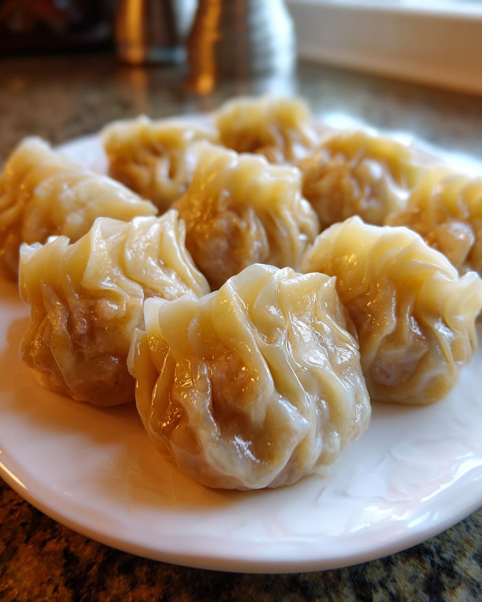 Close-up of several glistening, steamed Traditional Chinese Dumplings arranged on a white plate.