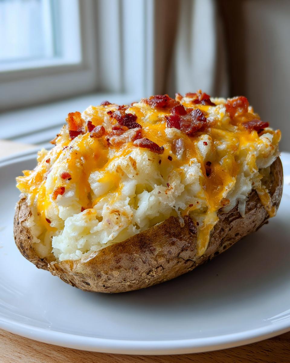 A perfectly prepared twice baked potato stuffed with creamy filling, melted cheddar cheese, and crispy bacon bits.