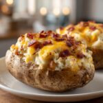 Close-up of a perfectly cooked twice baked potato topped with melted cheddar cheese and crispy bacon bits.