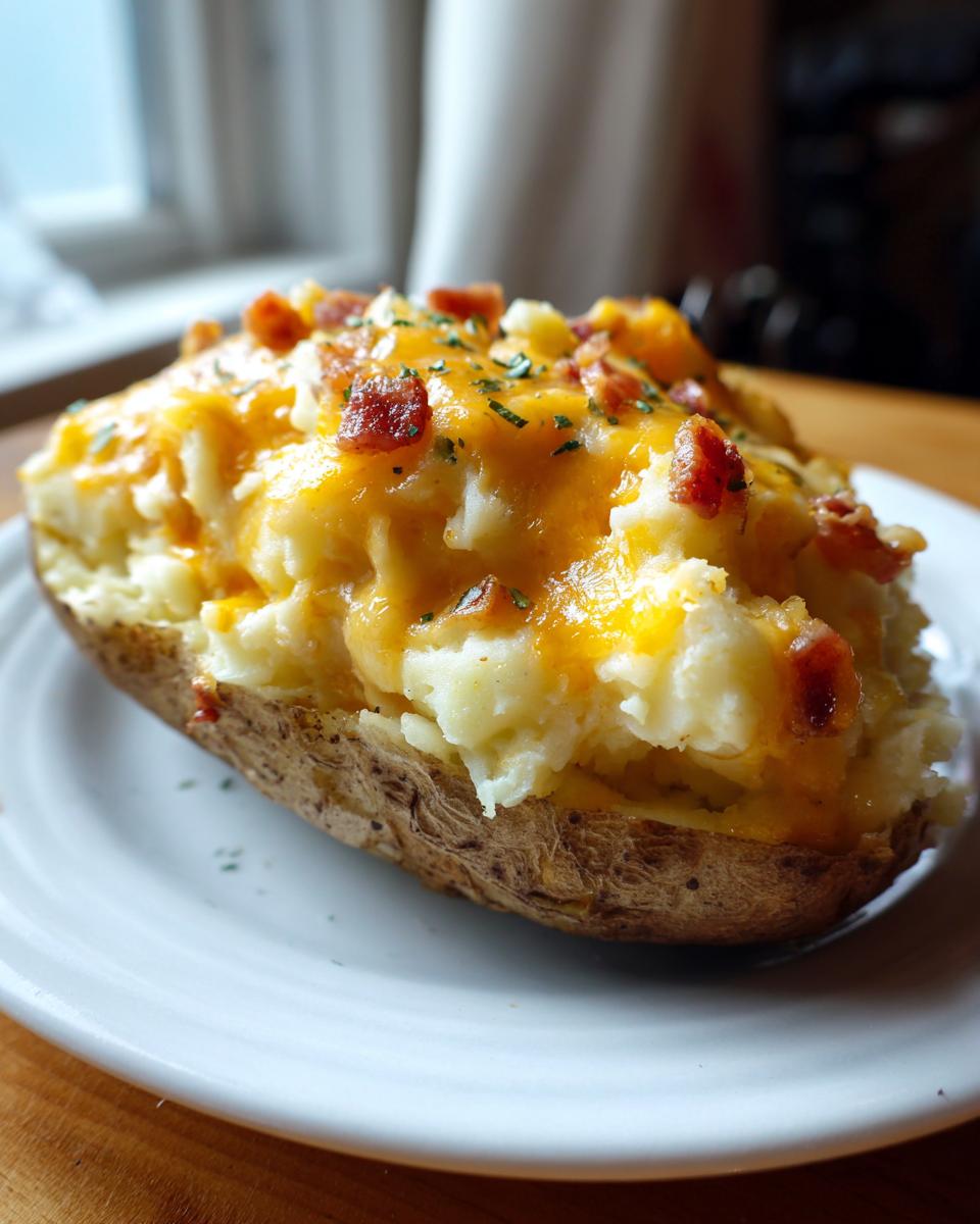 A close-up of a perfectly prepared twice baked potato, stuffed with mashed potato, melted cheddar cheese, and bacon bits.