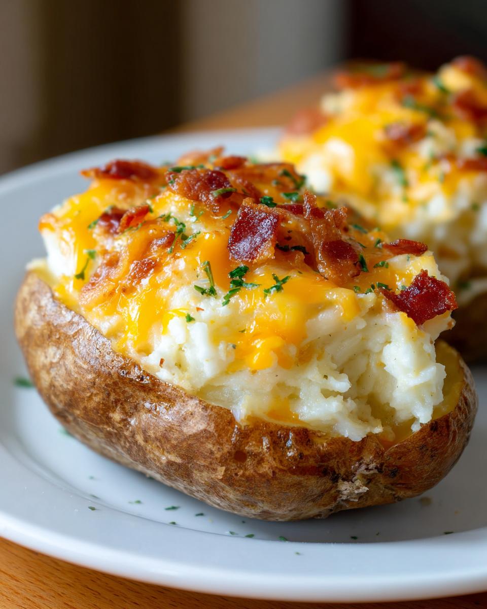 Close-up of a perfectly prepared twice baked potato stuffed with mashed potato, topped with melted cheddar cheese, bacon bits, and parsley.