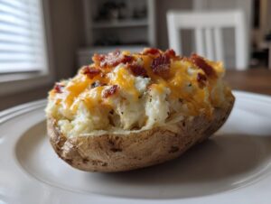 A close-up of a fluffy twice baked potato topped with melted cheddar cheese and crispy bacon bits.