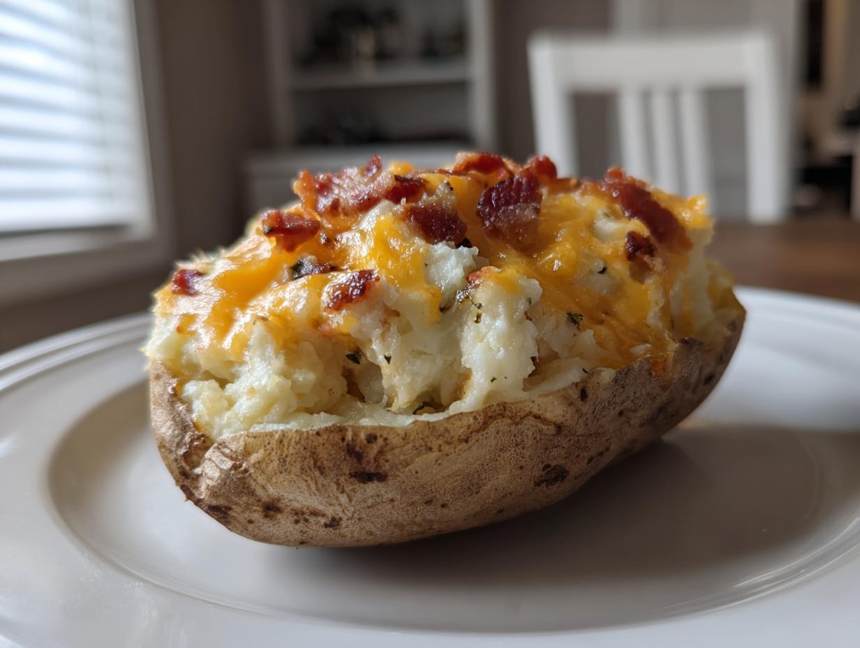 A close-up of a fluffy twice baked potato topped with melted cheddar cheese and crispy bacon bits.