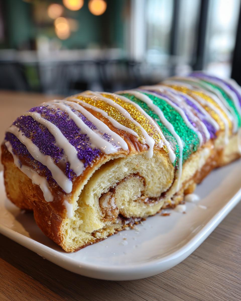 Close-up of a slice of homemade king cake showing the cinnamon swirl filling and colorful Mardi Gras icing.