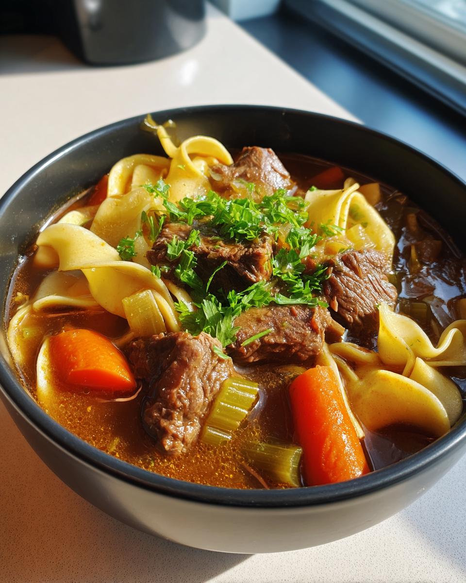 Close-up of a rich, dark bowl of homemade beef noodle soup featuring tender beef chunks, wide egg noodles, carrots, and fresh parsley.