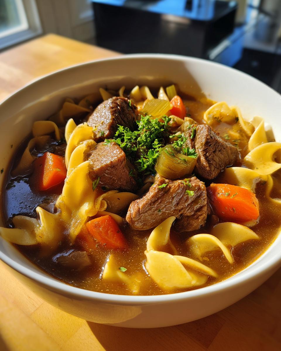Close-up of a white bowl filled with rich beef noodle soup, featuring tender beef chunks, egg noodles, carrots, and parsley.