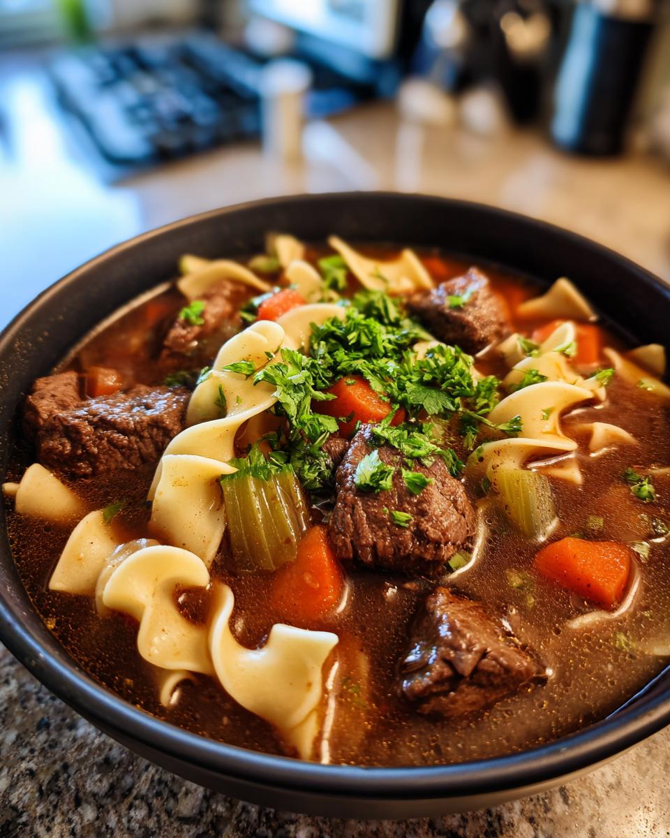 Close-up of a steaming bowl of rich beef noodle soup, featuring tender beef chunks, egg noodles, carrots, and celery, topped with fresh parsley.