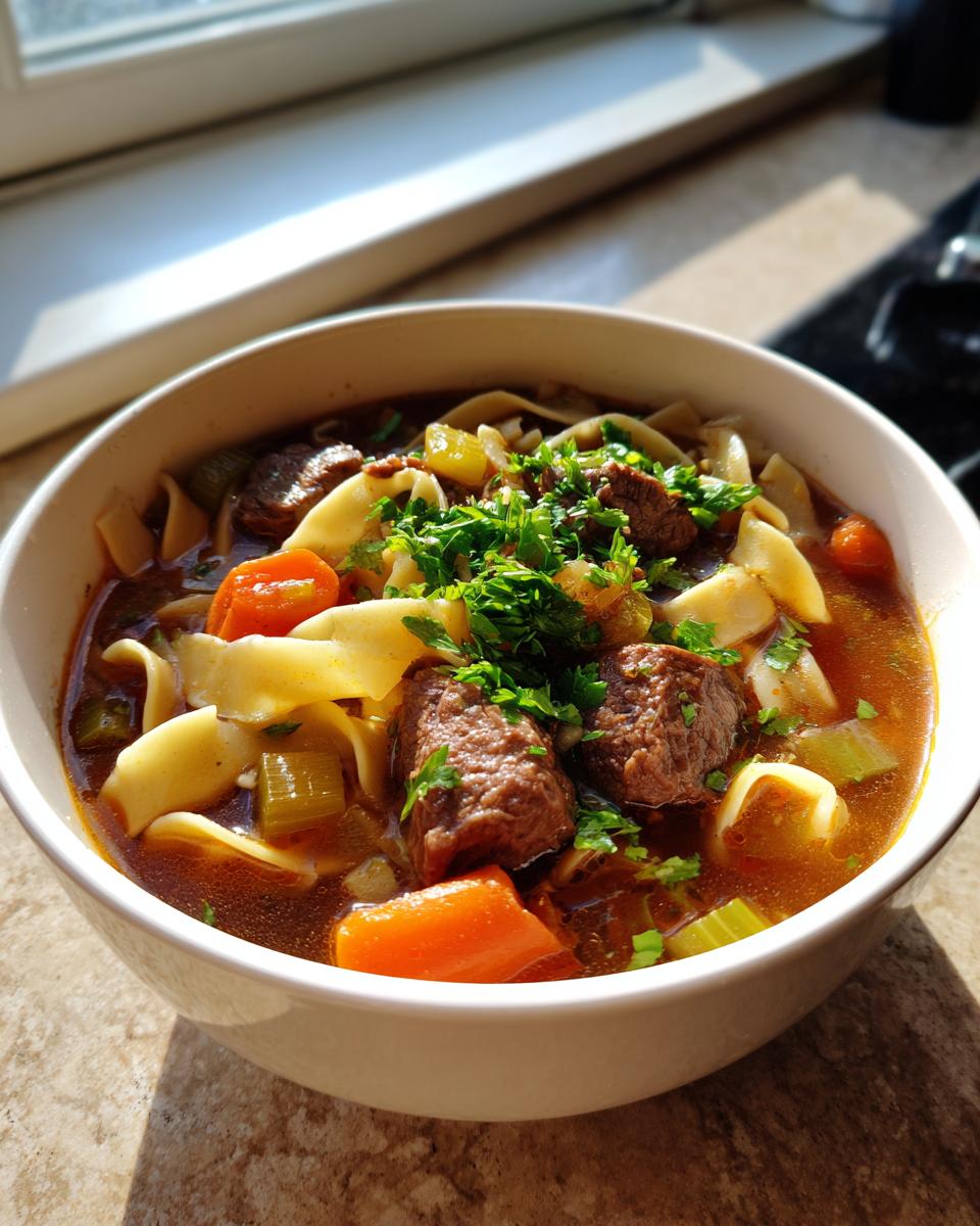 Close-up of a steaming bowl of rich beef noodle soup, featuring tender beef chunks, wide noodles, carrots, and fresh parsley garnish.