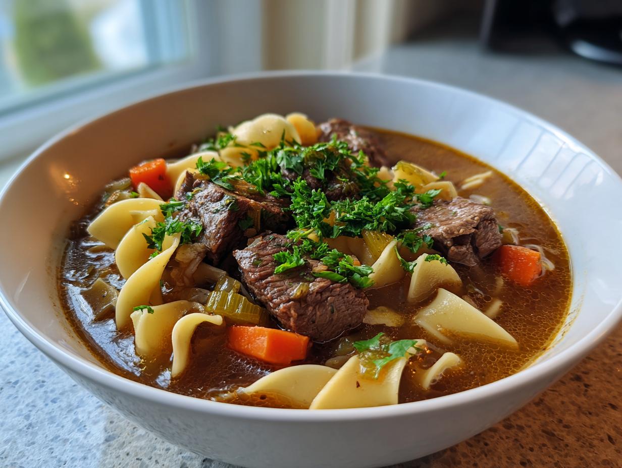 A close-up of a white bowl filled with rich beef noodle soup, featuring chunks of beef, egg noodles, carrots, and fresh parsley.