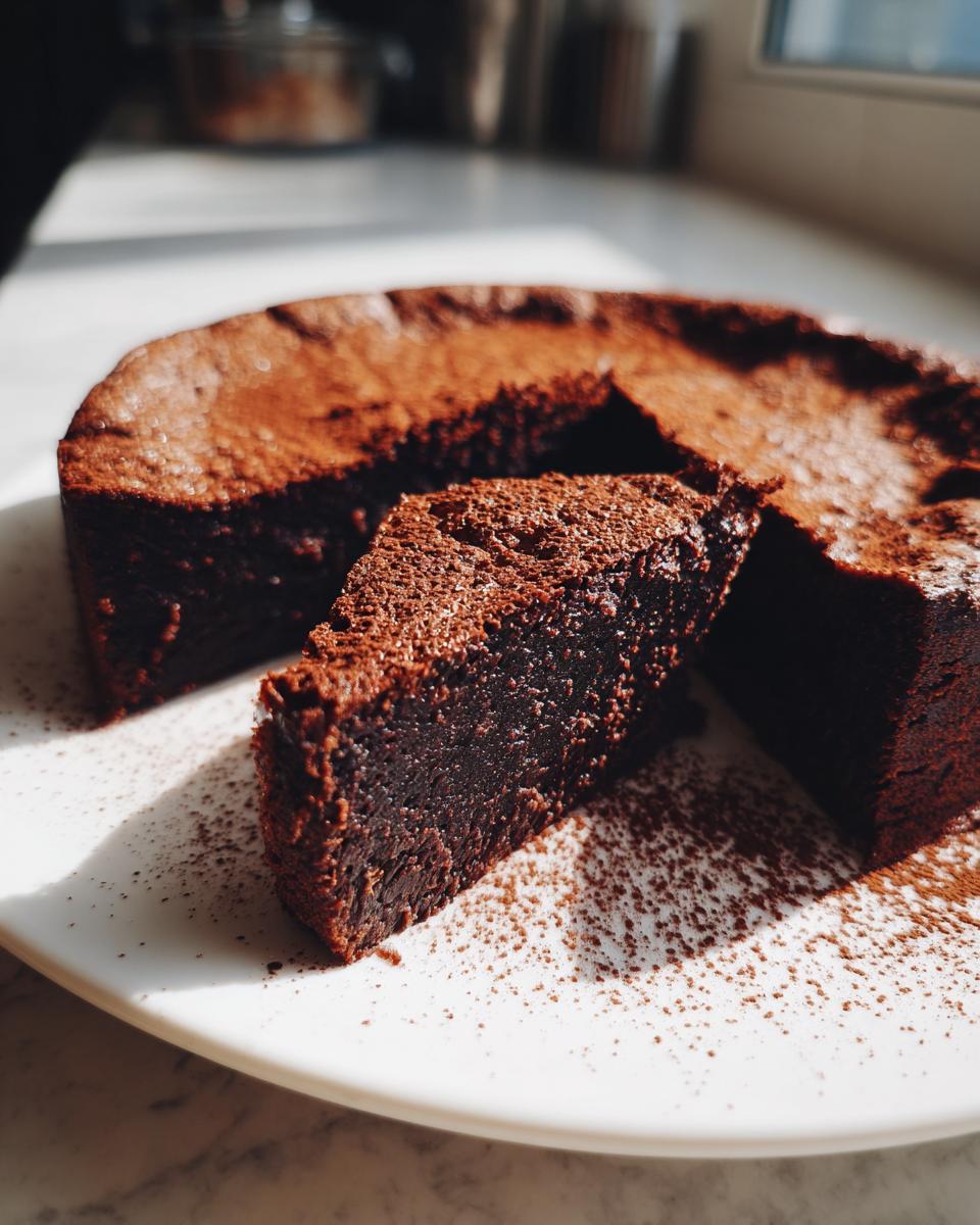 A rich, dense slice of flourless chocolate cake dusted with cocoa powder on a white plate.