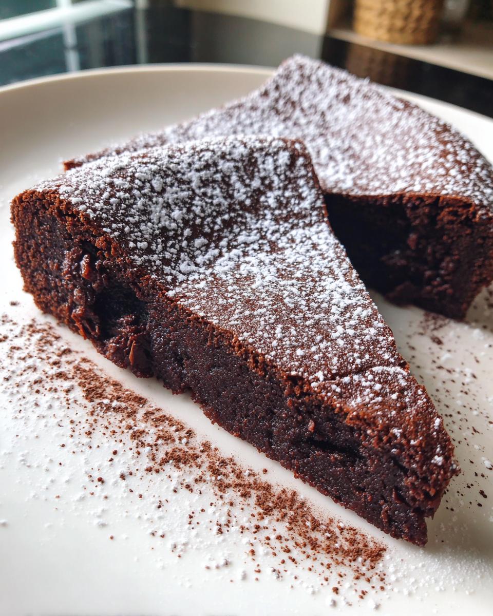 A close-up of two slices of rich, dark flourless chocolate cake dusted heavily with powdered sugar.