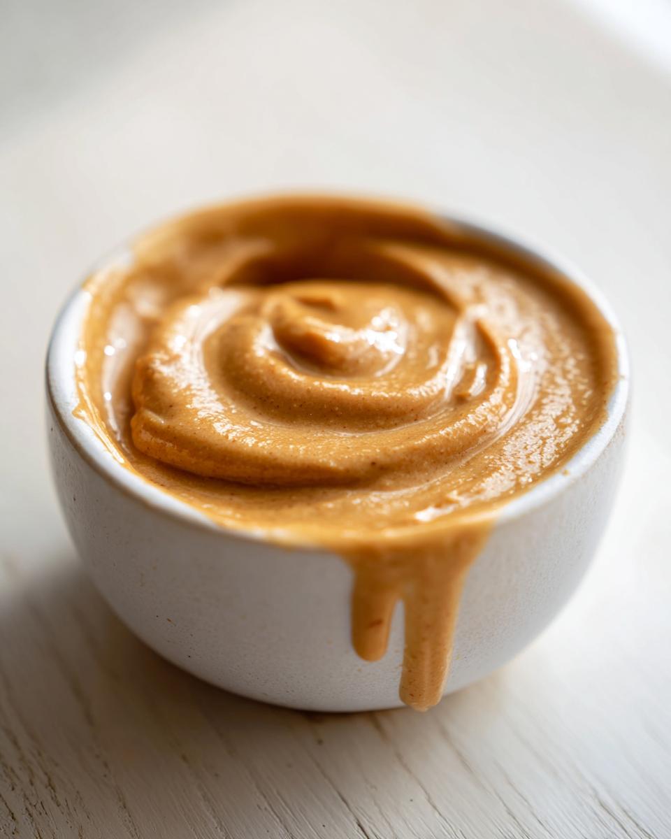 Close-up of thick, creamy peanut sauce swirled in a small white bowl, dripping slightly down the side.