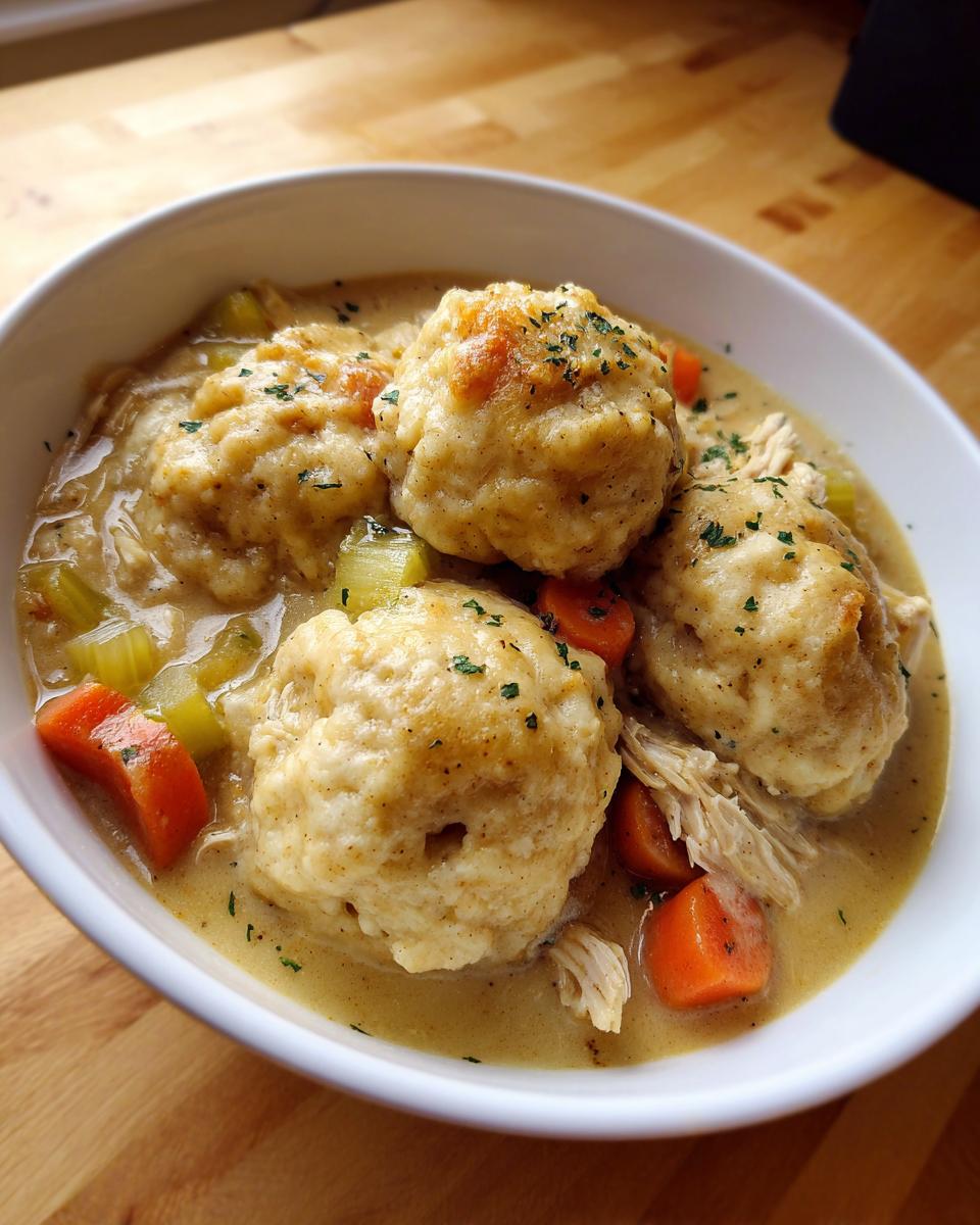 A white bowl filled with creamy chicken and dumpling stew, featuring large dumplings, shredded chicken, carrots, and celery.