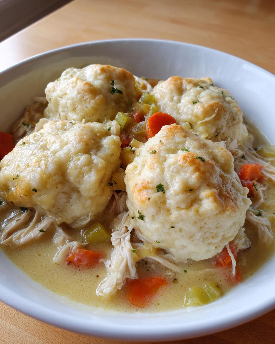 Close-up of a white bowl filled with creamy chicken and dumpling stew, featuring shredded chicken, carrots, celery, and fluffy dumplings.