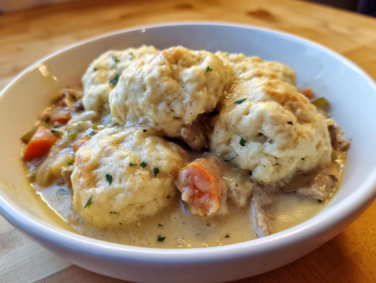 A close-up of a white bowl filled with creamy chicken and dumpling stew, topped with fluffy dumplings.