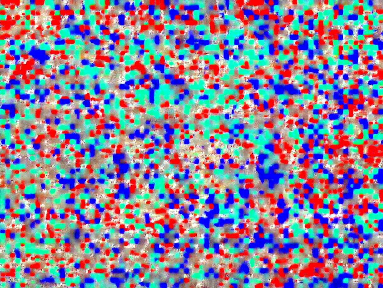 Abstract, colorful texture background featuring scattered red, blue, and cyan dots, suitable for a recipe post about snickerdoodle blondies.