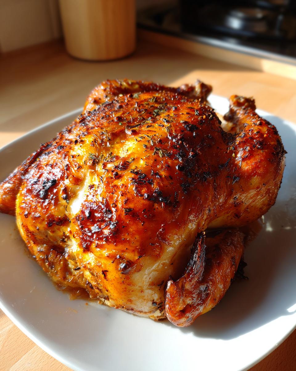A whole roasted chicken with crispy, golden-brown skin seasoned with herbs, ready to eat after being cooked in the air fryer whole chicken method.