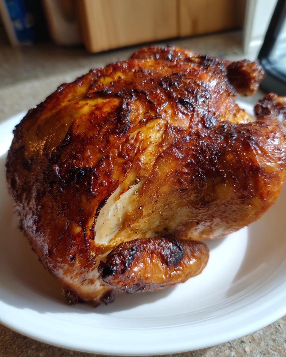 Close-up of a perfectly cooked air fryer whole chicken with deeply browned, crispy skin resting on a white plate.