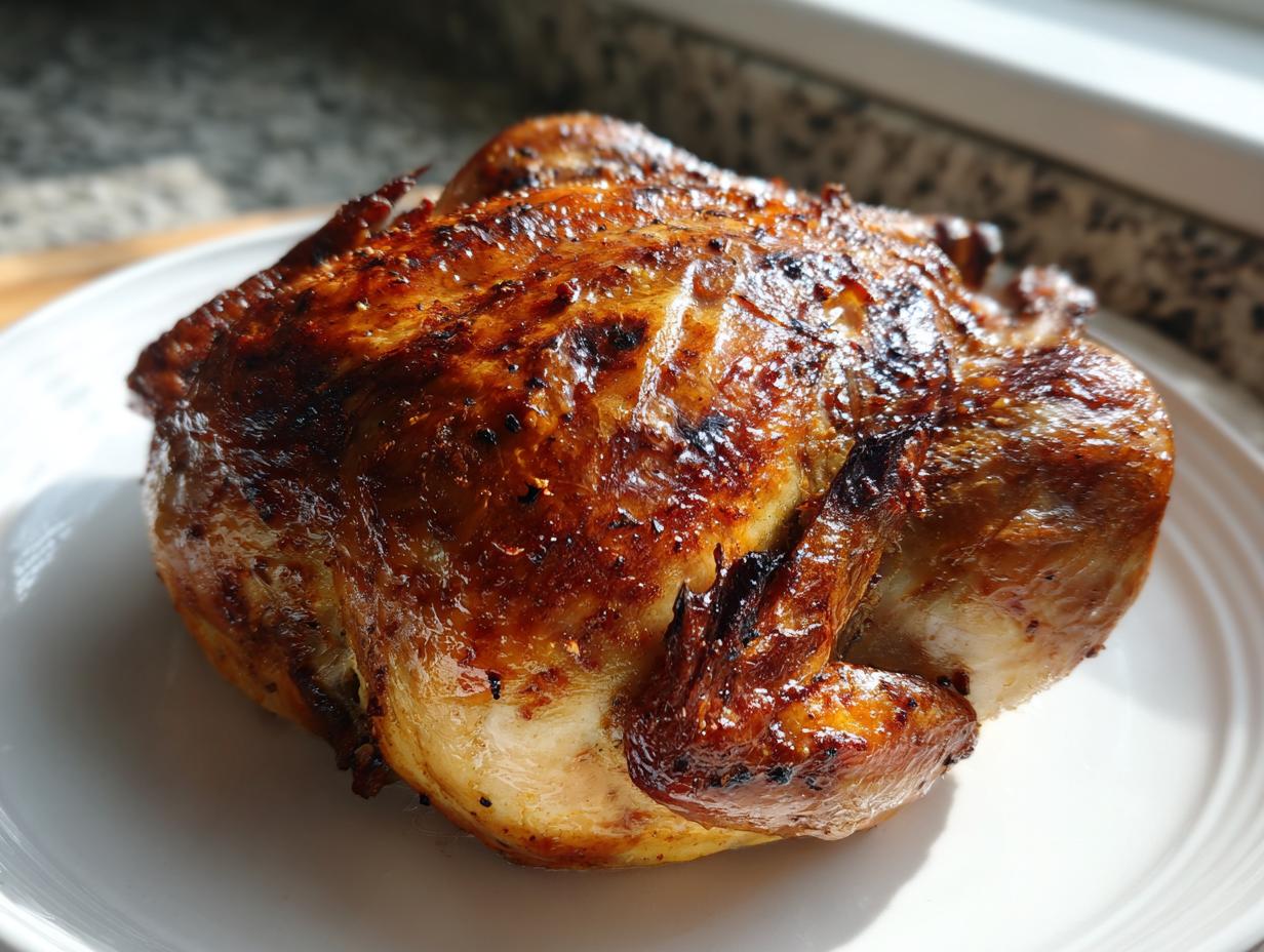 A beautifully browned and crispy air fryer whole chicken resting on a white plate, ready to serve.