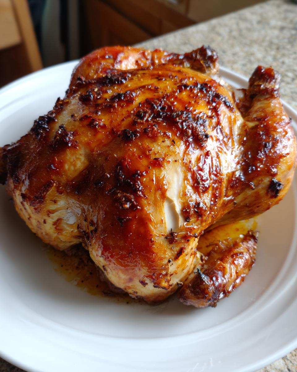 A beautifully browned and glazed air fryer whole chicken resting on a white serving plate.