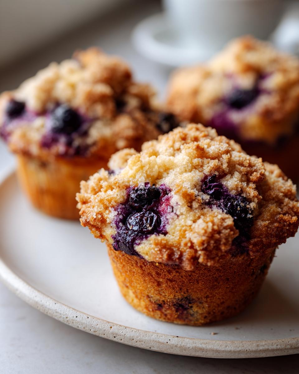 A close-up of a golden-brown blueberry muffin topped with crumbly streusel, showcasing juicy blueberries, part of a batch of amazing 1-bowl blueberry muffins.