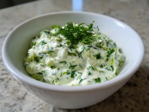 A close-up of creamy, bright green dill dip topped with fresh dill sprigs, served in a white bowl.