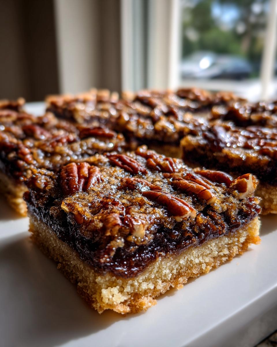 A close-up of a freshly cut square of pecan pie bars showing the shortbread crust and sticky pecan topping.