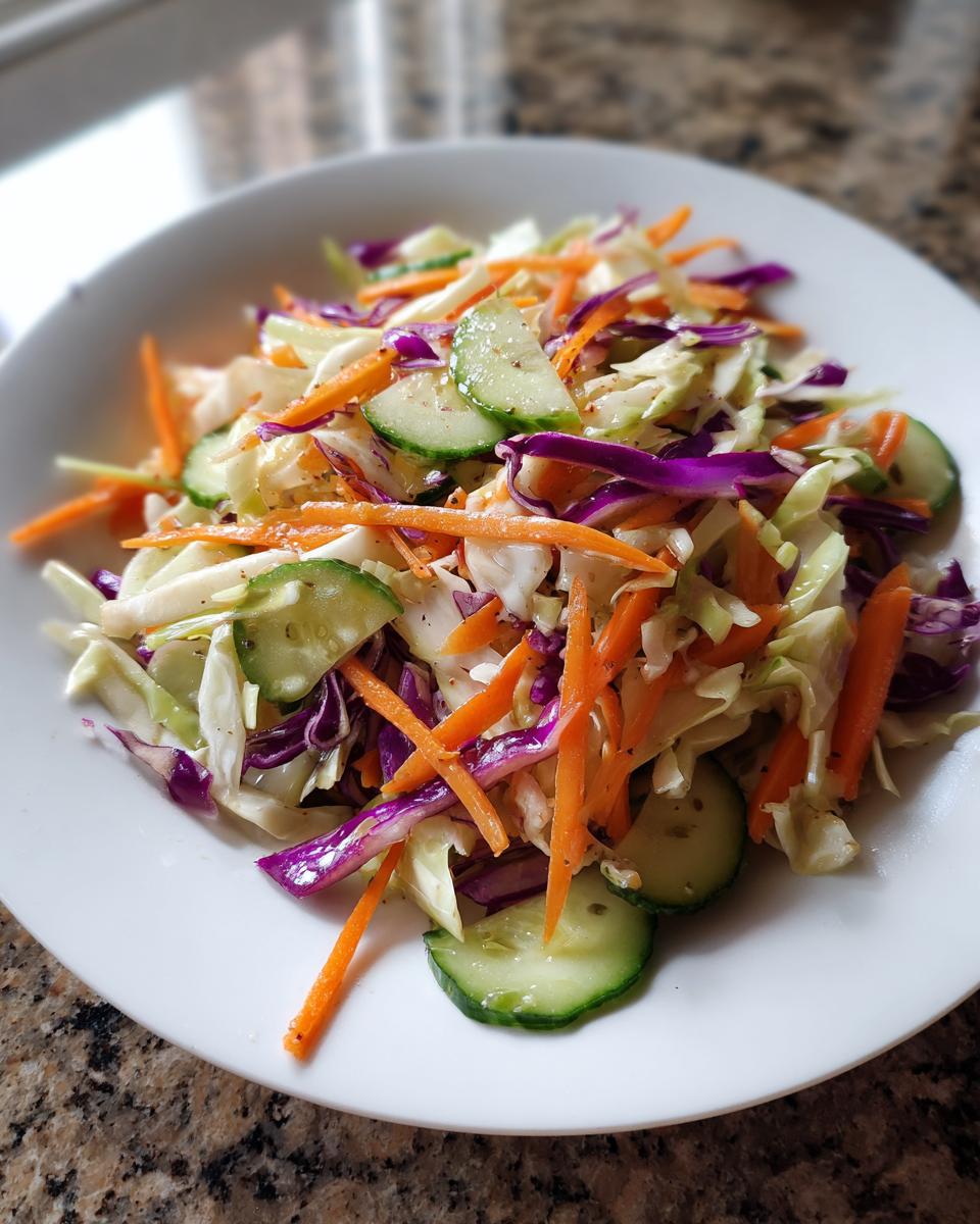 Close-up of a fresh cabbage salad featuring shredded green and purple cabbage, julienned carrots, and cucumber slices.