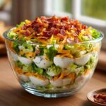 Close-up of a clear glass bowl filled with Amazing 7 Layer Salad, topped with bacon and cheese.