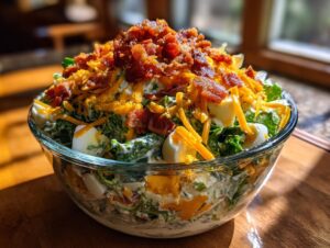 A vibrant, layered 7 layer salad overflowing from a clear glass bowl, topped with bacon and cheddar.