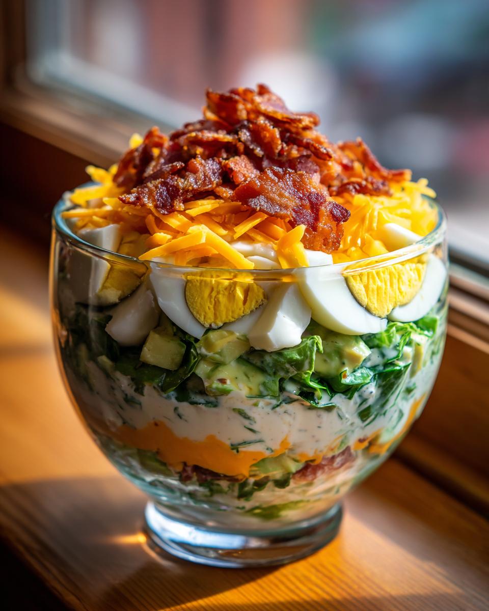 A close-up view of a vibrant 7 layer salad layered in a clear glass bowl, topped with bacon and cheese.