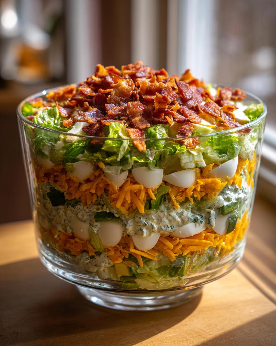 A tall, clear glass bowl showcasing the distinct layers of an Amazing 7 Layer Salad, topped with crumbled bacon.
