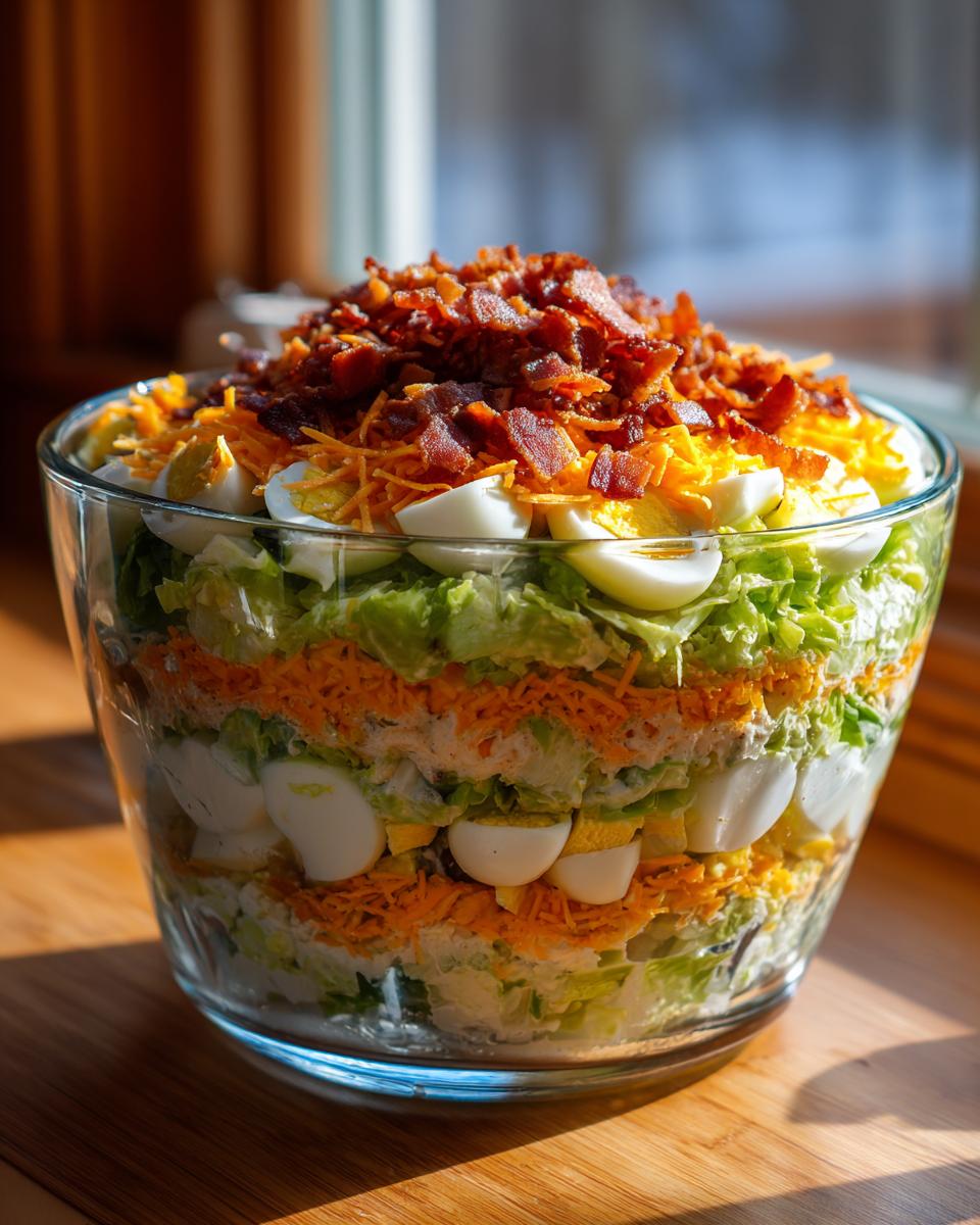 A tall glass bowl showcasing the distinct layers of an amazing 7 layer salad, topped with bacon and cheese.