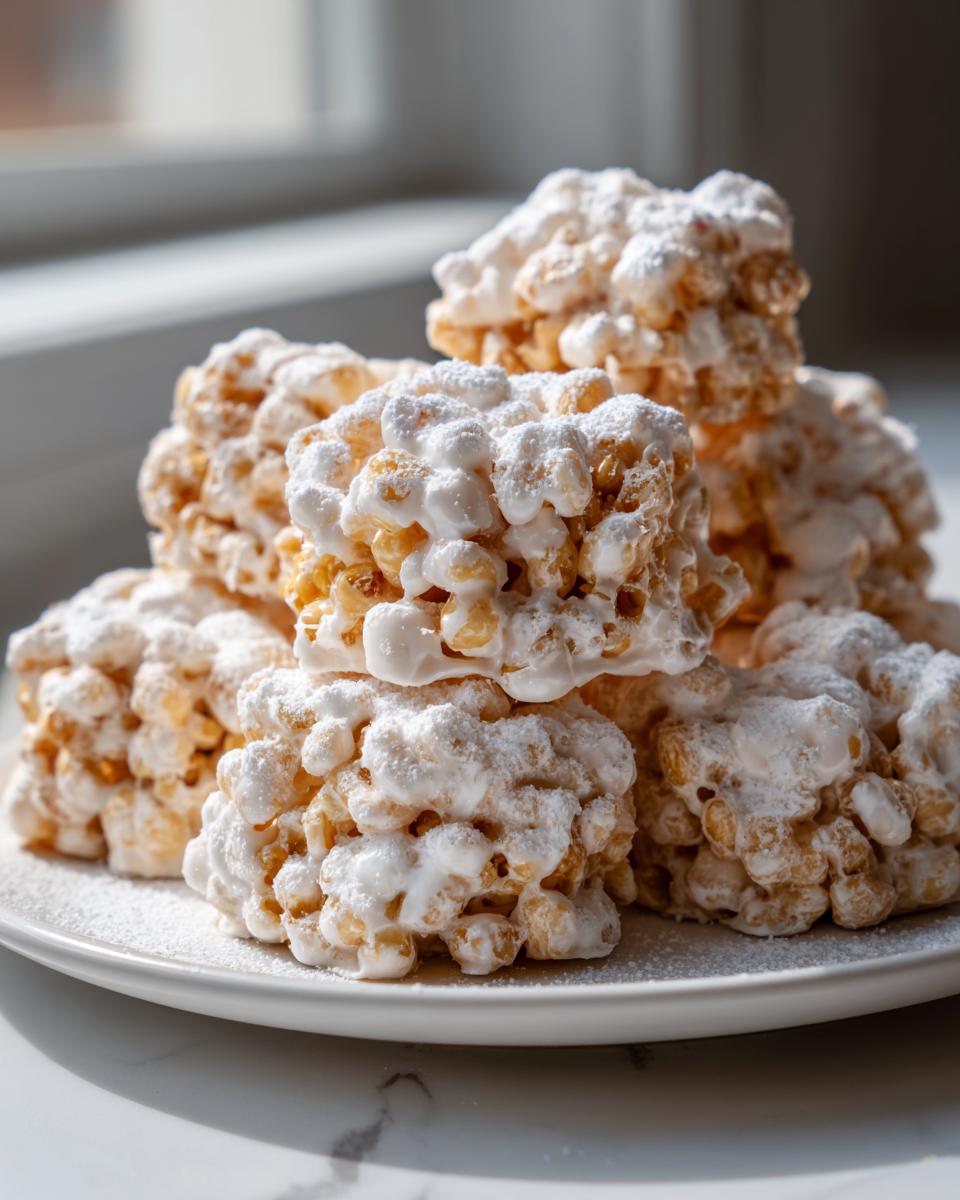 A stack of homemade avalanche cookies covered in powdered sugar on a white plate.