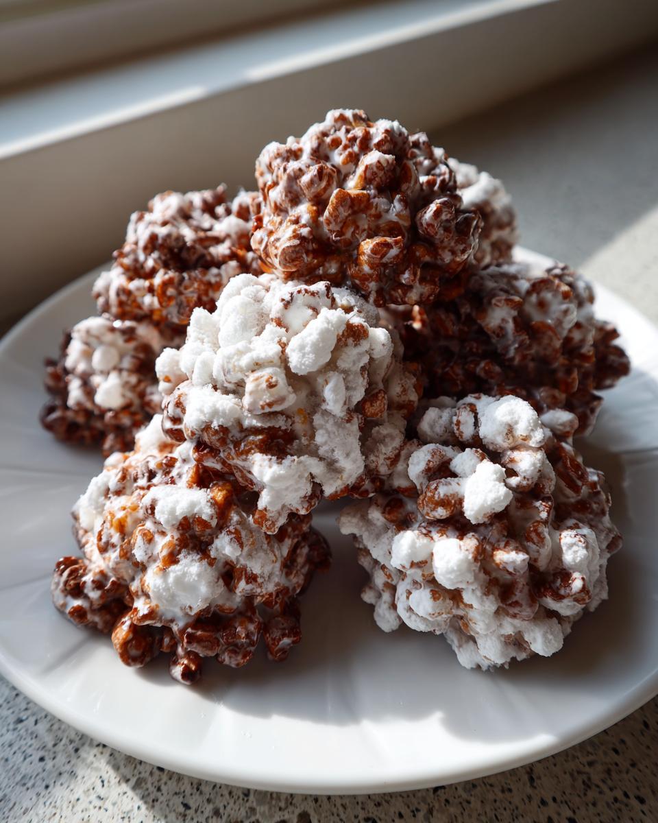 A pile of rich, chocolatey avalanche cookies dusted heavily with powdered sugar, sitting on a white plate.