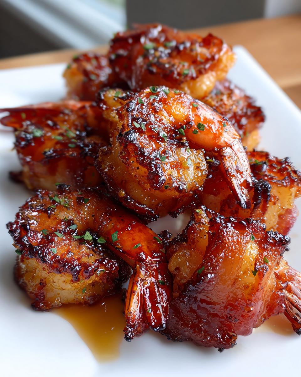 A close-up of several perfectly cooked, glazed bacon wrapped shrimp piled on a white plate, garnished with parsley.