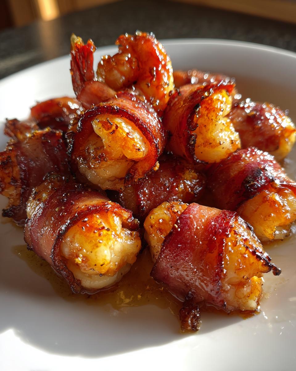 A close-up photo of several pieces of glazed bacon wrapped shrimp piled on a white plate, glistening under the light.