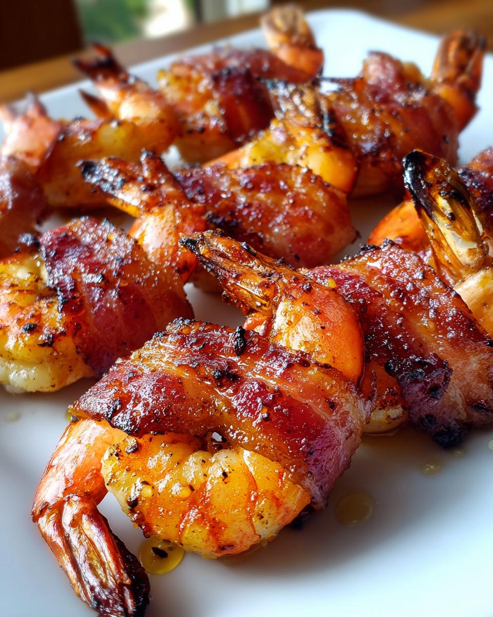 Close-up of several perfectly cooked, glazed bacon wrapped shrimp served on a white plate.