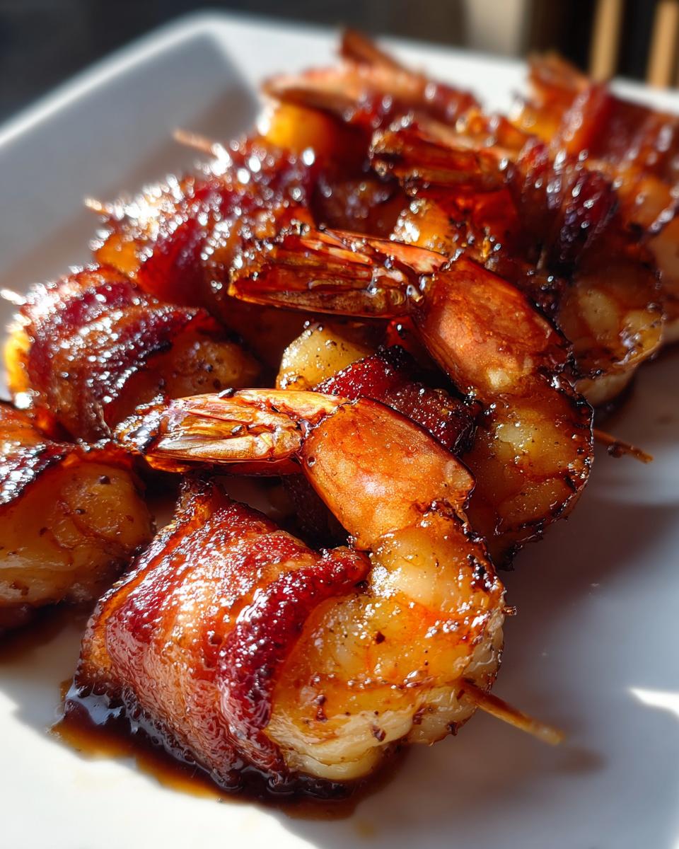 Close-up of perfectly cooked, glazed bacon wrapped shrimp skewers glistening under bright light.