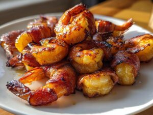 A close-up of perfectly cooked bacon wrapped shrimp piled on a white plate, showing a beautiful glaze.