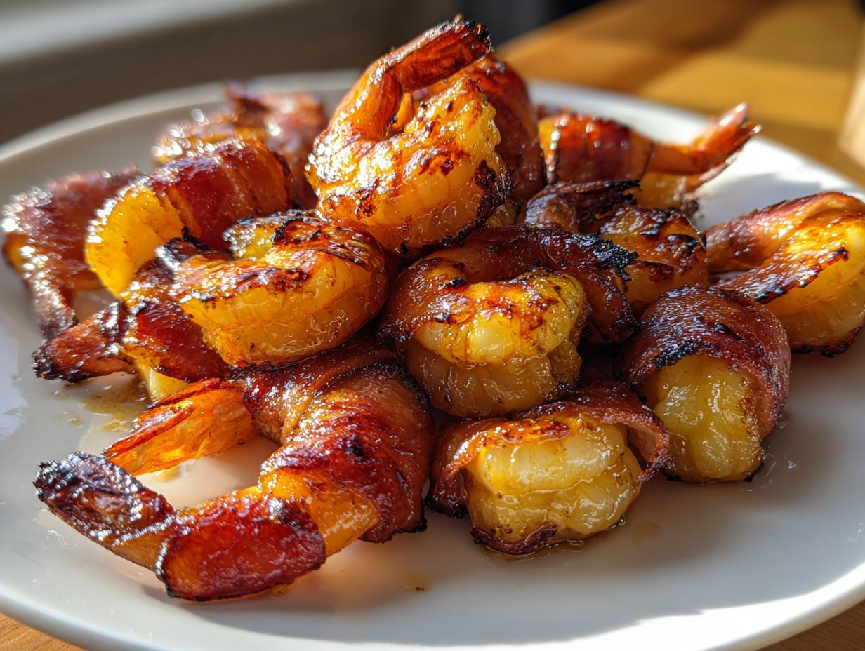 A close-up of perfectly cooked bacon wrapped shrimp piled on a white plate, showing a beautiful glaze.