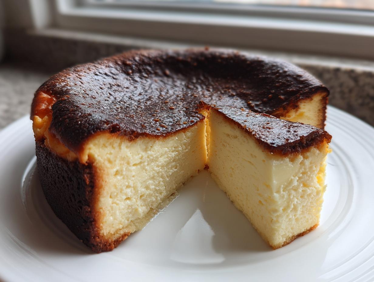 A slice cut from a creamy Basque cheesecake showing its signature dark, caramelized top.