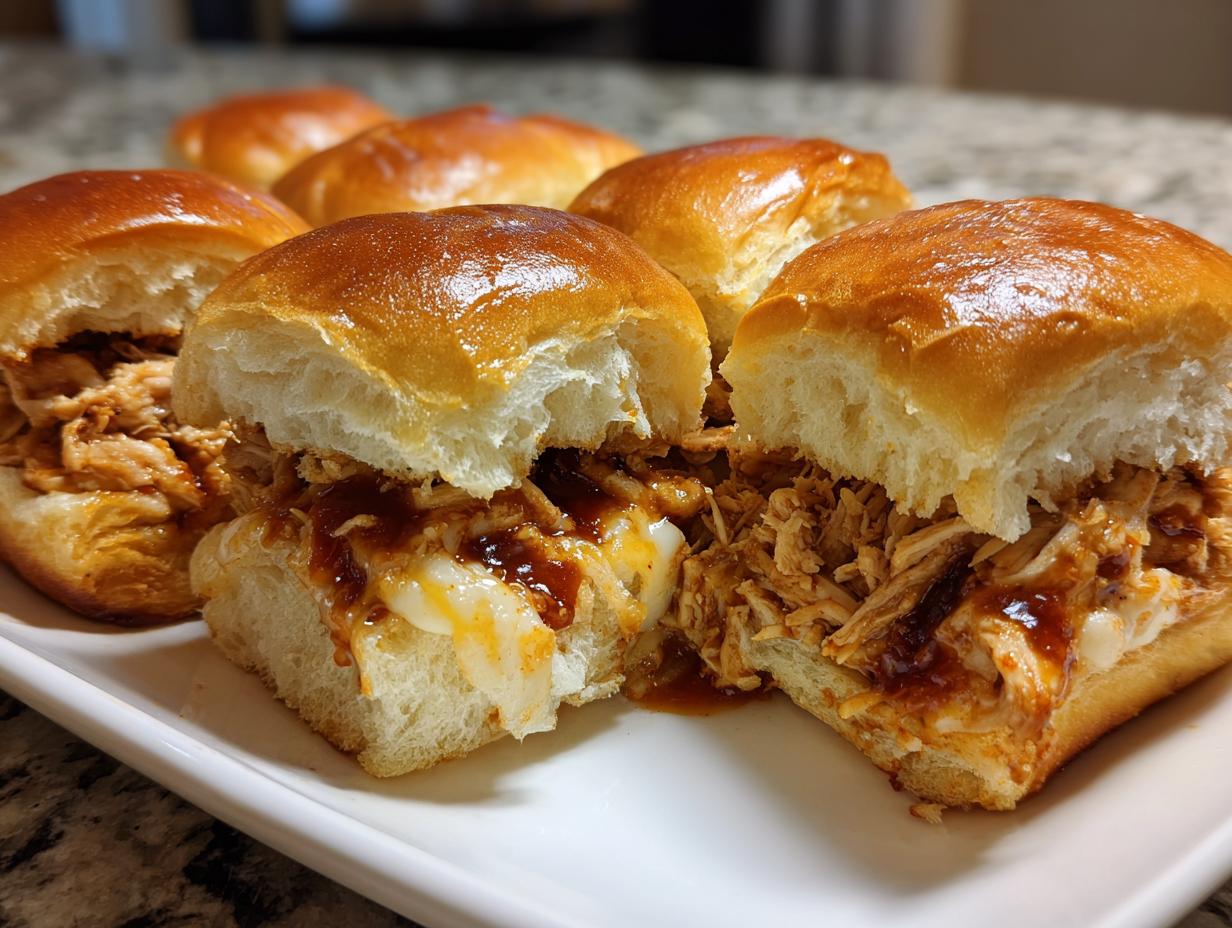 Close-up of several gooey BBQ chicken sliders filled with shredded meat and melted cheese on soft, shiny buns.