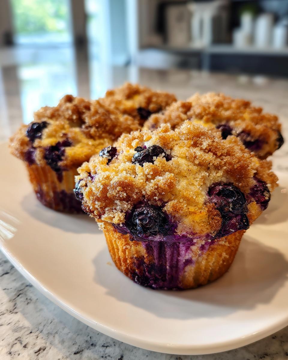 Close-up of fresh blueberry muffins topped with a golden brown streusel crumb topping.